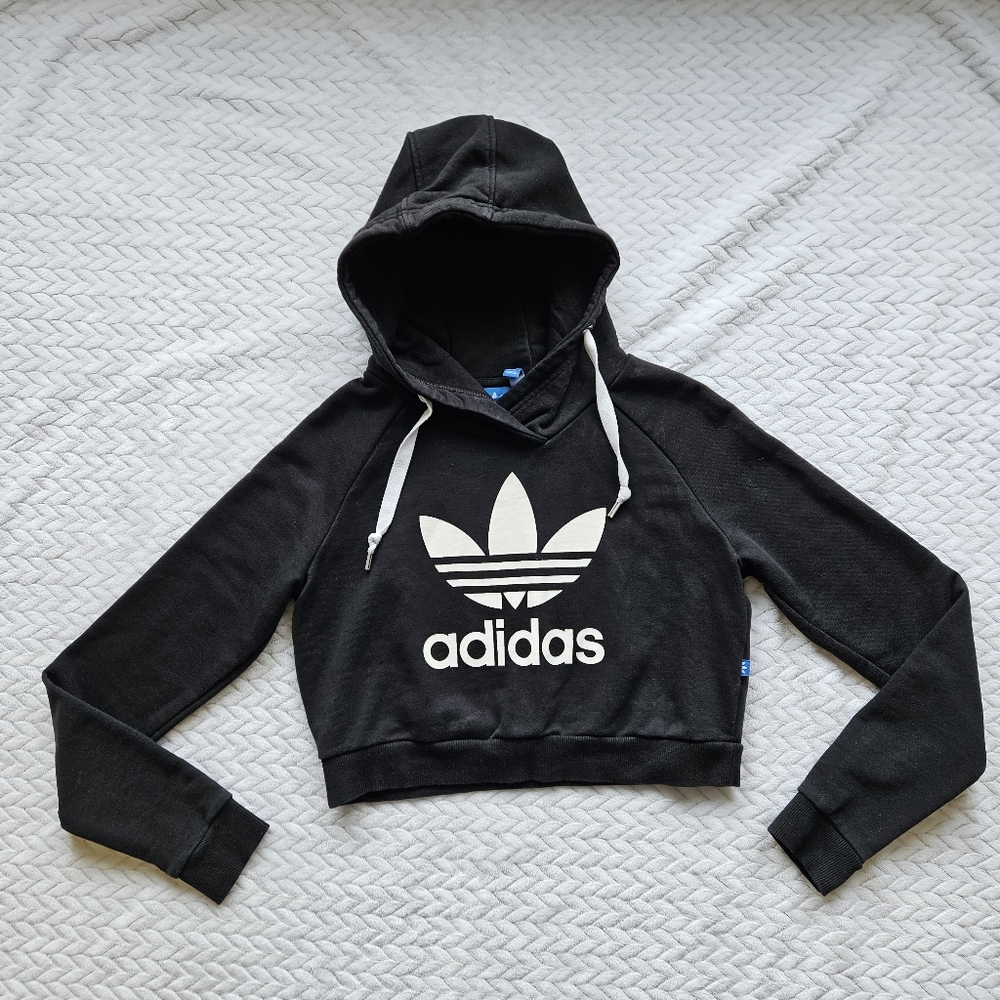 Adidas Trefoil Black Cropped Hoodie Sweatshirt Size Small
